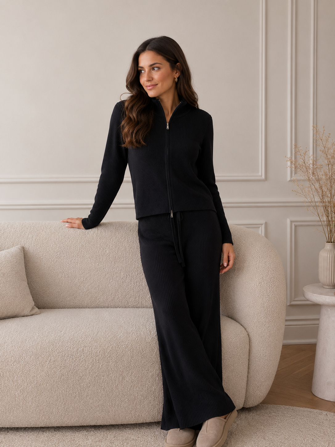 Ensemble Côtelé Pantalon Maille Gilet Zip
