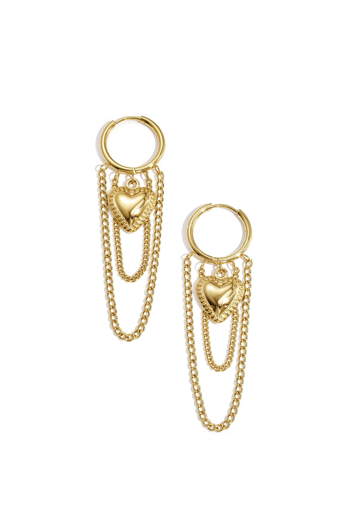 Hoop earrings with hanging chains and heart
