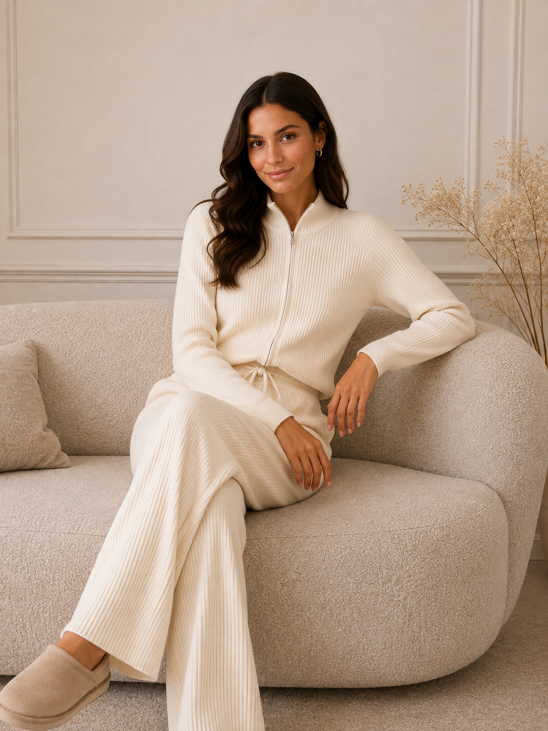 Ensemble Côtelé Pantalon Maille Gilet Zip