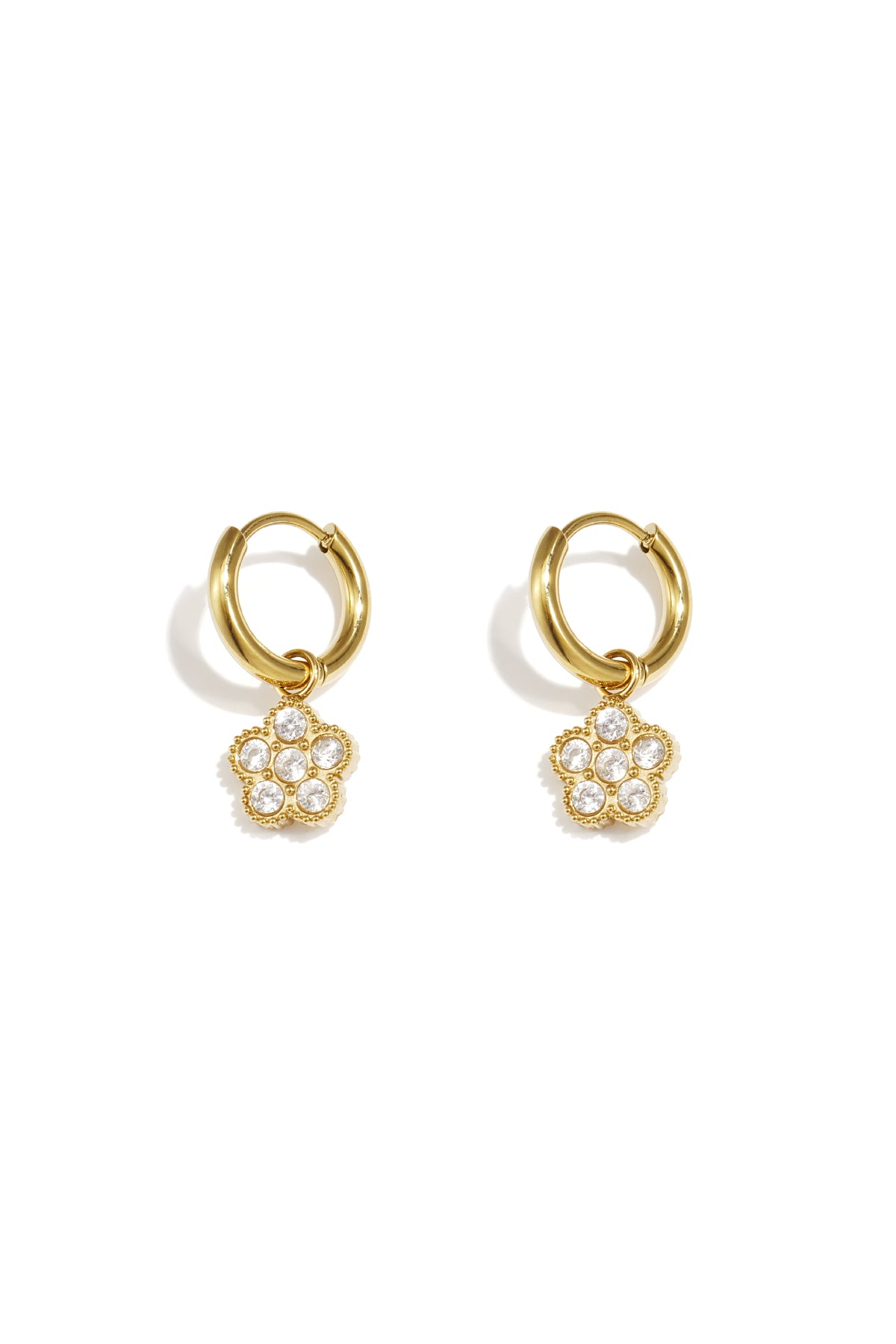 Small hoop earrings with hanging flowers made of zirconia stones