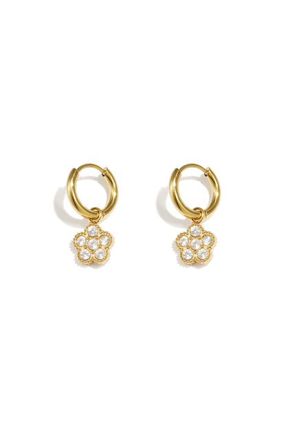 Small hoop earrings with hanging flowers made of zirconia stones