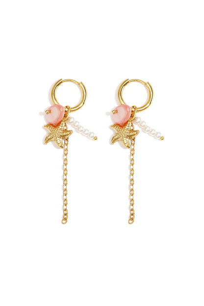 Small hoop earrings with starfish, chain, pearls and bead
