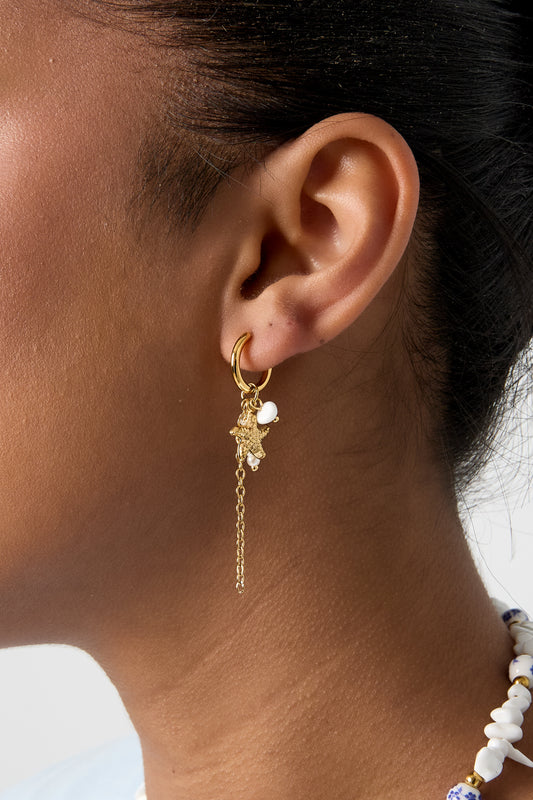 Small hoop earrings with starfish, chain, pearls and bead