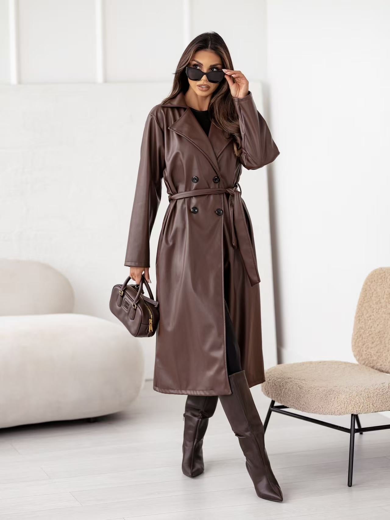 Trench Long Similicuir Avec Cordon Et 4 Boutons