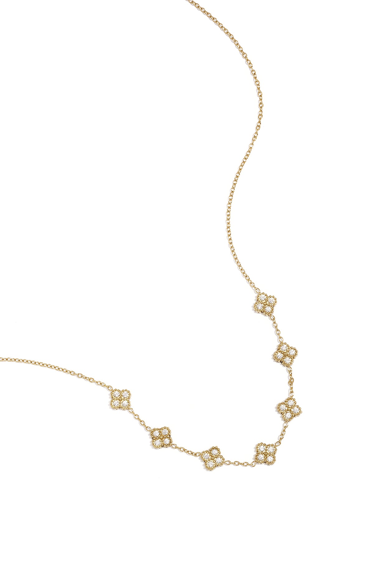 Necklace with zirconia-set clovers